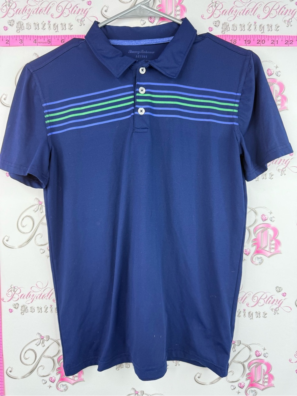 Tommy Bahama shirt Navy Polo with Blue & Green Chest Stripes